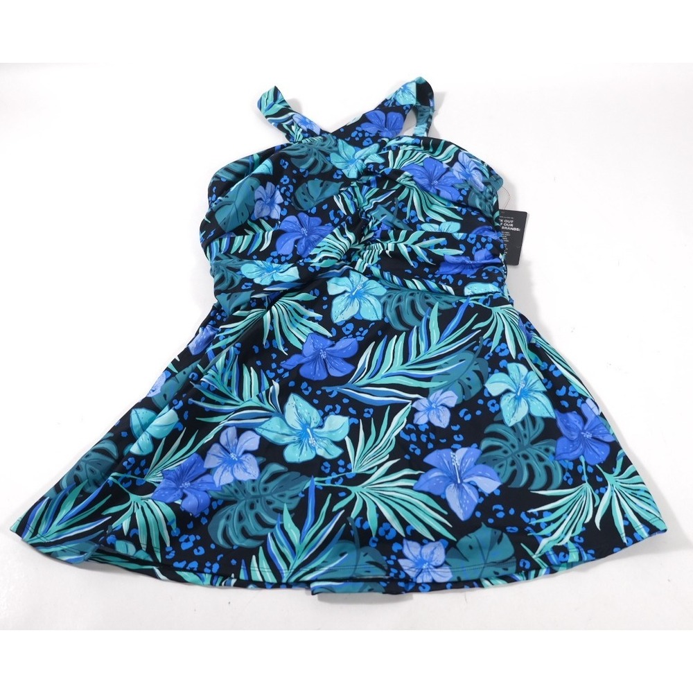 Swimsuits For All Swimdress Womens 14 Blue Floral Tropical Halter One Piece Swim